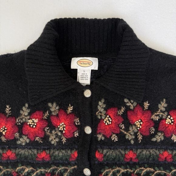 Talbots Lambswool Silk Dark Floral Embroidered Cardigan Sweater Large Hong Kong - Picture 3 of 11